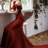 Red satin long prom dress mermaid evening dress - Thumbnail 2