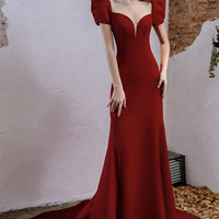 Red satin long prom dress mermaid evening dress - Thumbnail 4