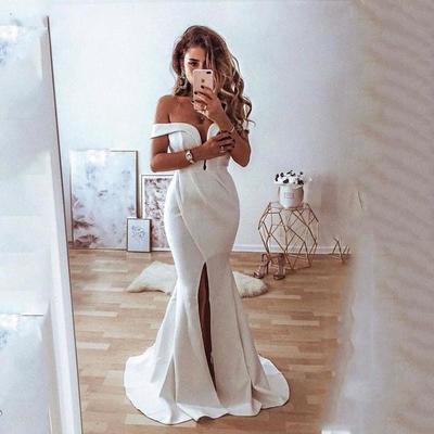 Simple Mermaid Wedding Dress Front Split Off The Shoulder Sexy Bridal Gown Satin Backless Wedding Gowns Custom Made,1349