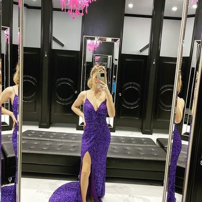 Chic mermaid v neck purple sequins long prom evening dresses with cross back,1351