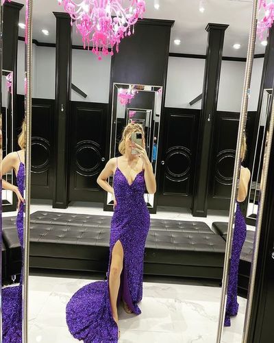 Chic Mermaid V Neck Purple Sequins Long Prom Evening Dresses with Cross Back,1351