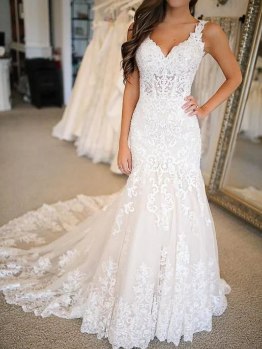 Trumpet/Mermaid Tulle Applique V-neck Sleeveless Sweep/Brush Train Wedding  Dresses,70 sold by Queenbridaldresses on Storenvy