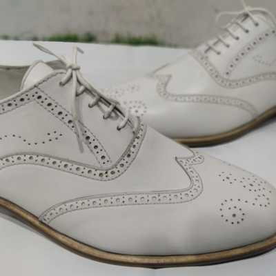 Trendy men's handmade oxfords white wingtip brogue lace up leather shoes - Thumbnail 2