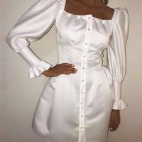 White Puff Sleeve Off-Shoulder Long Sleeve Dress - Thumbnail 1