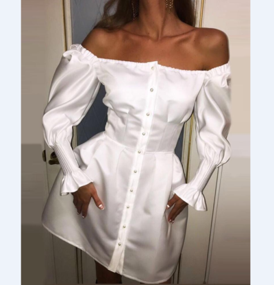 White Puff Sleeve Off-Shoulder Long Sleeve Dress