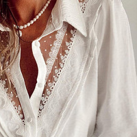 Long Sleeve Sexy White Lace Shirt - Thumbnail 1