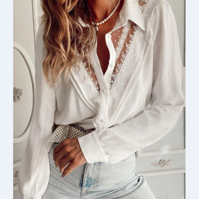 Long sleeve sexy white lace shirt
