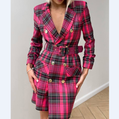 Rose red plaid long sleeve slim dress