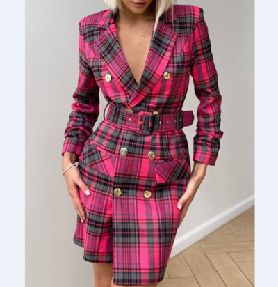 Rose Red Plaid Long Sleeve Slim Dress