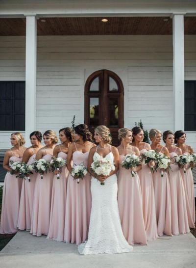 Spaghetti strap pink chiffon long bridesmaid dresses