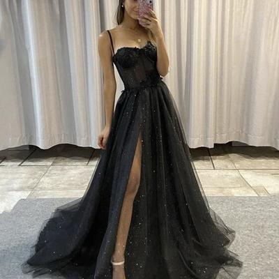 Simple black tulle long prom dress evening dress - Thumbnail 4