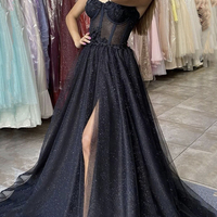 Simple black tulle long prom dress evening dress - Thumbnail 1