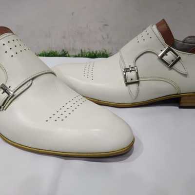 Best dress wear men's cow white double monk strap leather formal wear shoes - Thumbnail 2
