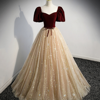 Cute velvet tulle long prom dress a line evening dress - Thumbnail 2