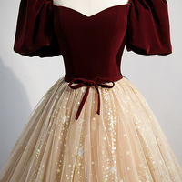 Cute velvet tulle long prom dress A line evening dress - Thumbnail 1
