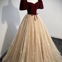 Cute velvet tulle long prom dress A line evening dress - Thumbnail 3