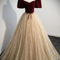 Cute velvet tulle long prom dress A line evening dress - Thumbnail 6