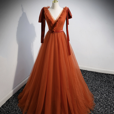 Simple v neck tulle long prom dress a line evening dress - Thumbnail 2