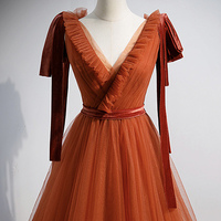 Simple v neck tulle long prom dress A line evening dress - Thumbnail 1