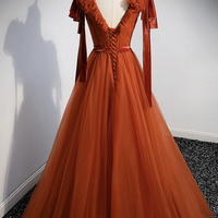 Simple v neck tulle long prom dress A line evening dress - Thumbnail 3