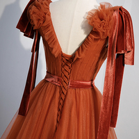 Simple v neck tulle long prom dress A line evening dress - Thumbnail 4