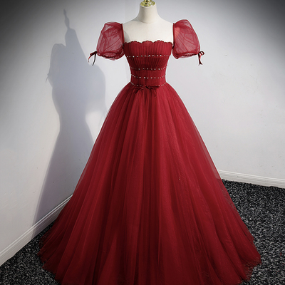 Red tulle beads long prom dress a line evening dress - Thumbnail 1