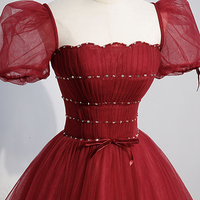 Red tulle beads long prom dress A line evening dress - Thumbnail 1