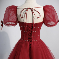 Red tulle beads long prom dress A line evening dress - Thumbnail 2