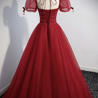 Red tulle beads long prom dress A line evening dress - Thumbnail 5