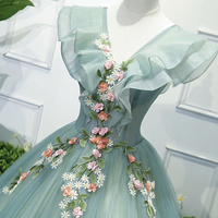 Green tulle lace long prom dress A line evening gown - Thumbnail 1