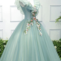 Green tulle lace long prom dress A line evening gown - Thumbnail 2