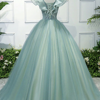 Green tulle lace long prom dress A line evening gown - Thumbnail 3