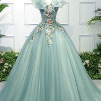 Green tulle lace long prom dress A line evening gown - Thumbnail 4