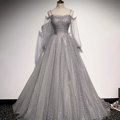 Gray tulle sequins long prom dress a line evening dress - Thumbnail 2