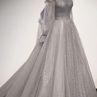 Gray tulle sequins long prom dress A line evening dress - Thumbnail 2
