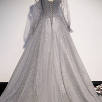 Gray tulle sequins long prom dress A line evening dress - Thumbnail 3