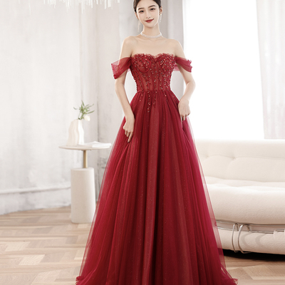 Burgundy tulle beads long prom dress a line evening dress - Thumbnail 4