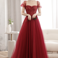 Burgundy tulle beads long prom dress A line evening dress - Thumbnail 1