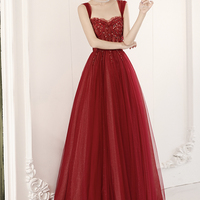 Burgundy tulle beads long prom dress A line evening dress - Thumbnail 2