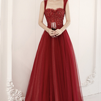 Burgundy tulle beads long prom dress A line evening dress - Thumbnail 3
