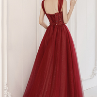 Burgundy tulle beads long prom dress A line evening dress - Thumbnail 4