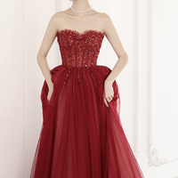 Burgundy tulle beads long prom dress A line evening dress - Thumbnail 5