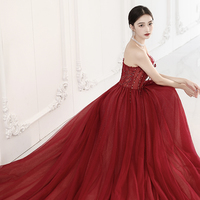 Burgundy tulle beads long prom dress A line evening dress - Thumbnail 6