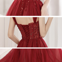 Burgundy tulle beads long prom dress A line evening dress - Thumbnail 7