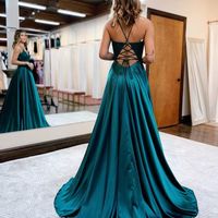 Cute A Line V Neck Cross Back Satin Prom Dress with Appliques, Slit Evening Party Dresses - Thumbnail 3