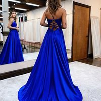 Cute A Line V Neck Cross Back Satin Prom Dress with Appliques, Slit Evening Party Dresses - Thumbnail 1