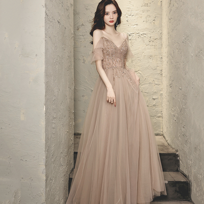 Stylish tulle beads long prom dress a line evening dress - Thumbnail 2