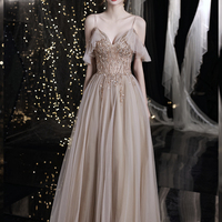 Stylish tulle beads long prom dress A line evening dress - Thumbnail 4