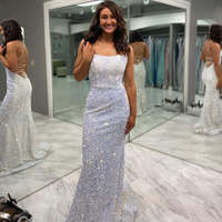 Lovely Mermaid Scoop Neck White Sequins Long Prom Evening Dresses with Cross Back - Thumbnail 1