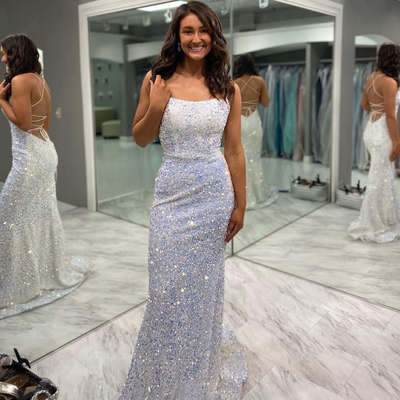 Lovely mermaid scoop neck white sequins long prom evening dresses with cross back